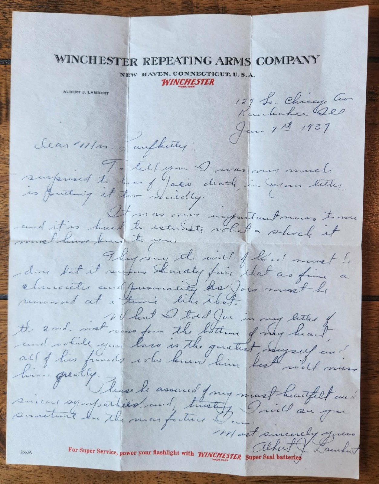 Vintage 1937 WINCHESTER Repeating Arms Guns Condolence Letter on Stationary VTG