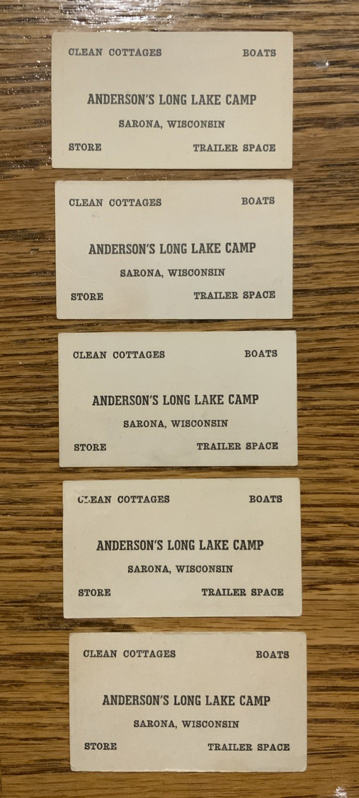 Sarona, Wisconsin Anderson’s Long Lake Camp business cards - 1930’s cartoon back