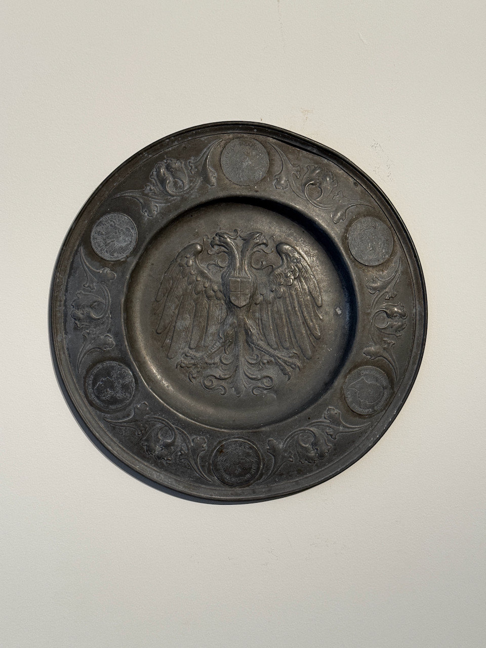 Antique Pewter Charger Double Headed Eagle German Coin Medallions Wall Plate