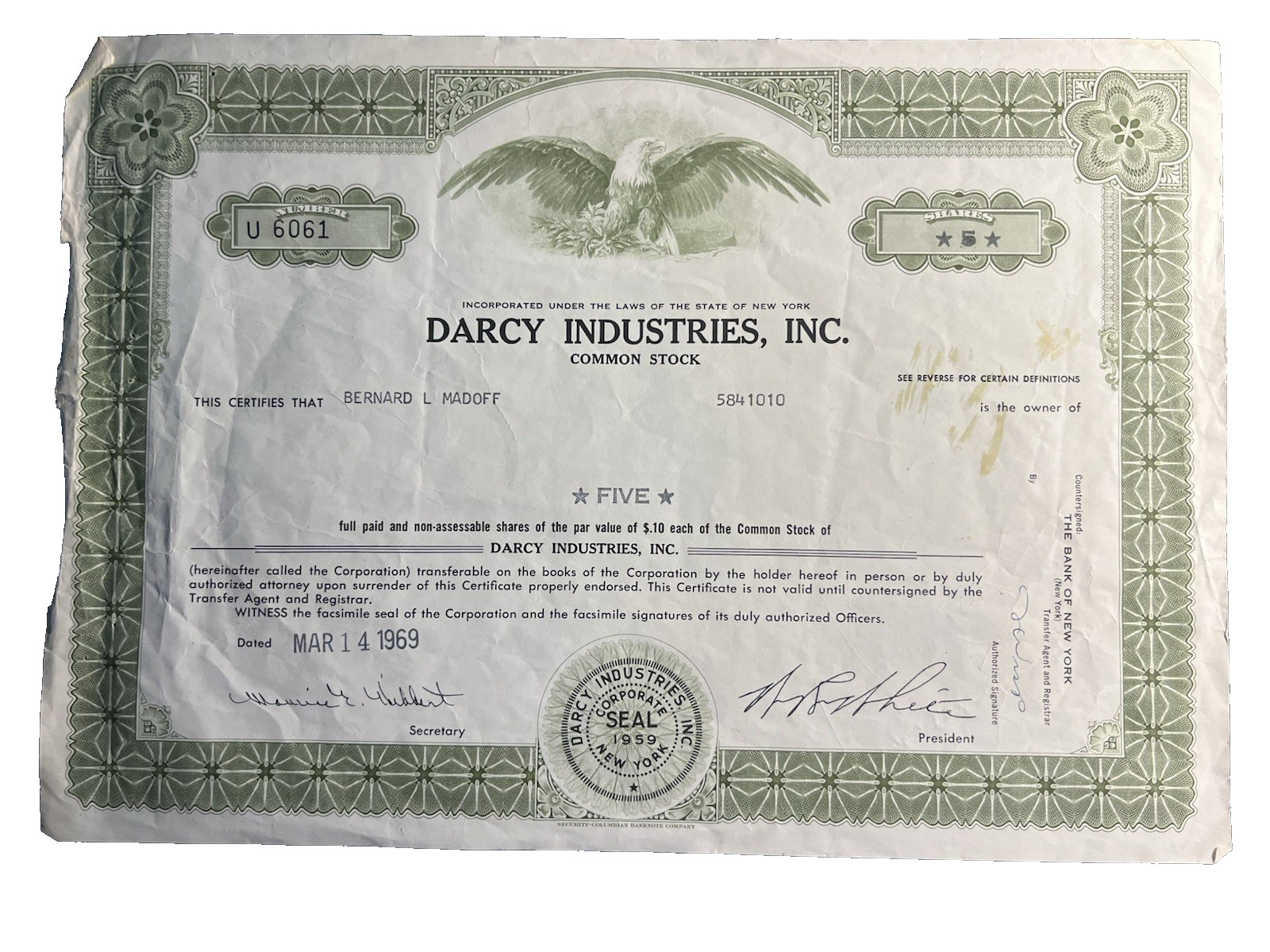 BERNIE MADOFF SIGNED CRAZY RARE PERSONALLY OWNED 1969 STOCK CERTIFICATE W/PSA