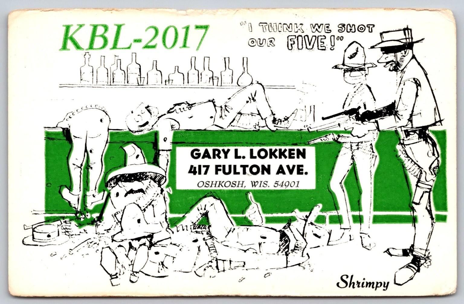 Vintage KBL-2017 CB Radio QSL Postcard Cartoon Bar Oshkosh WI Shrimpy Art F398