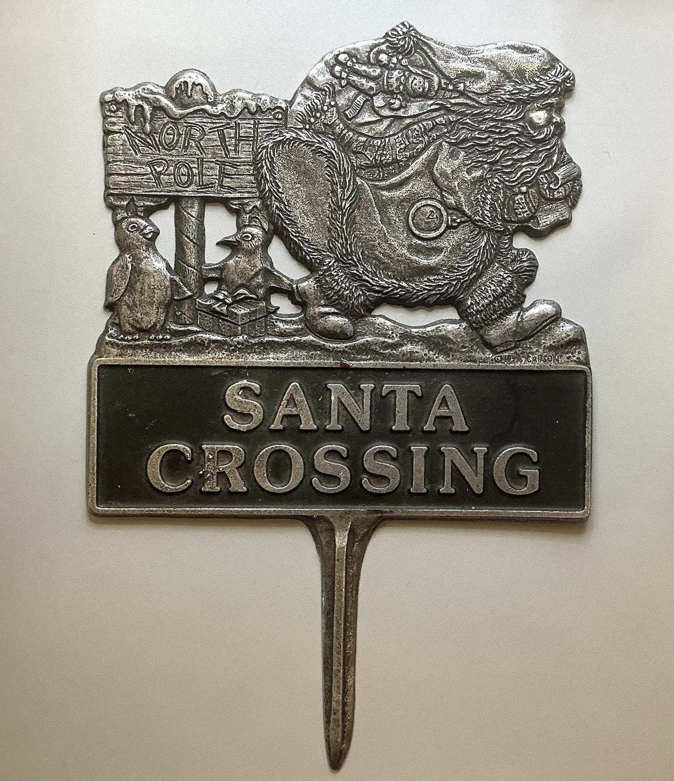 Christmas “SANTA CROSSING” North Pole Sign Pewter Yard Stake By Carson 1994