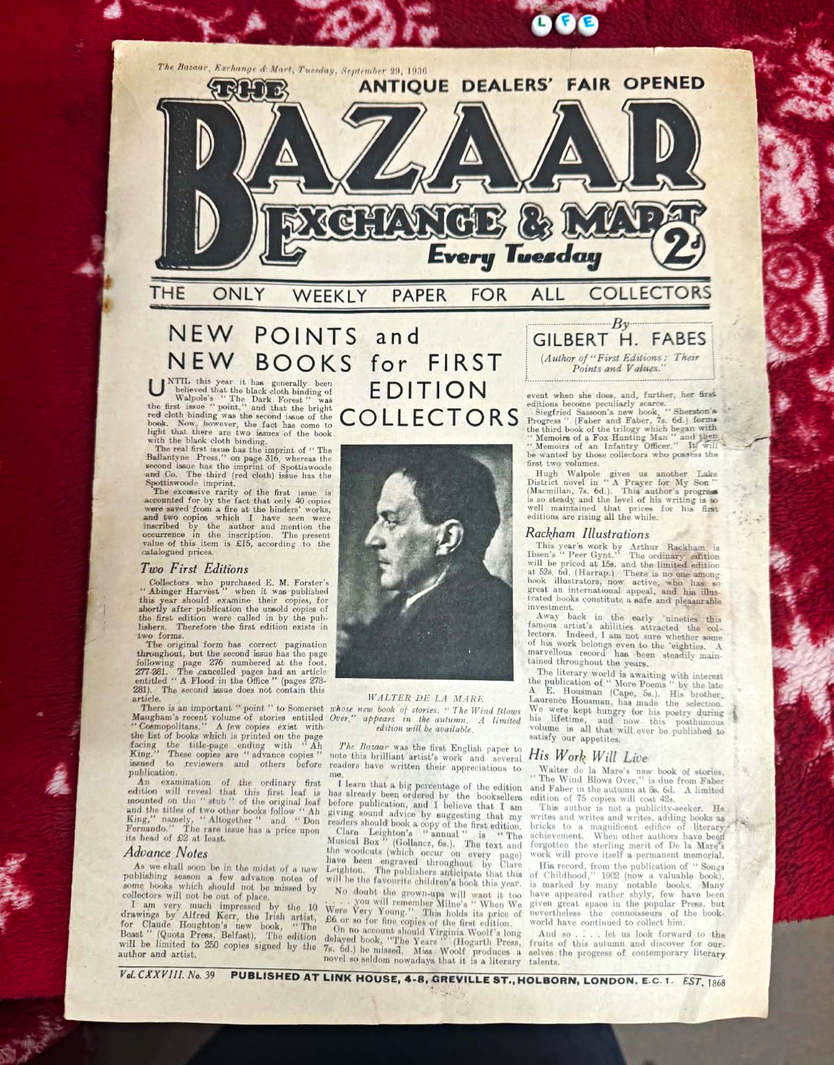 The Bazaar, Exchange & Mart -,,1936. Vintage Tuesday September 29 Issue