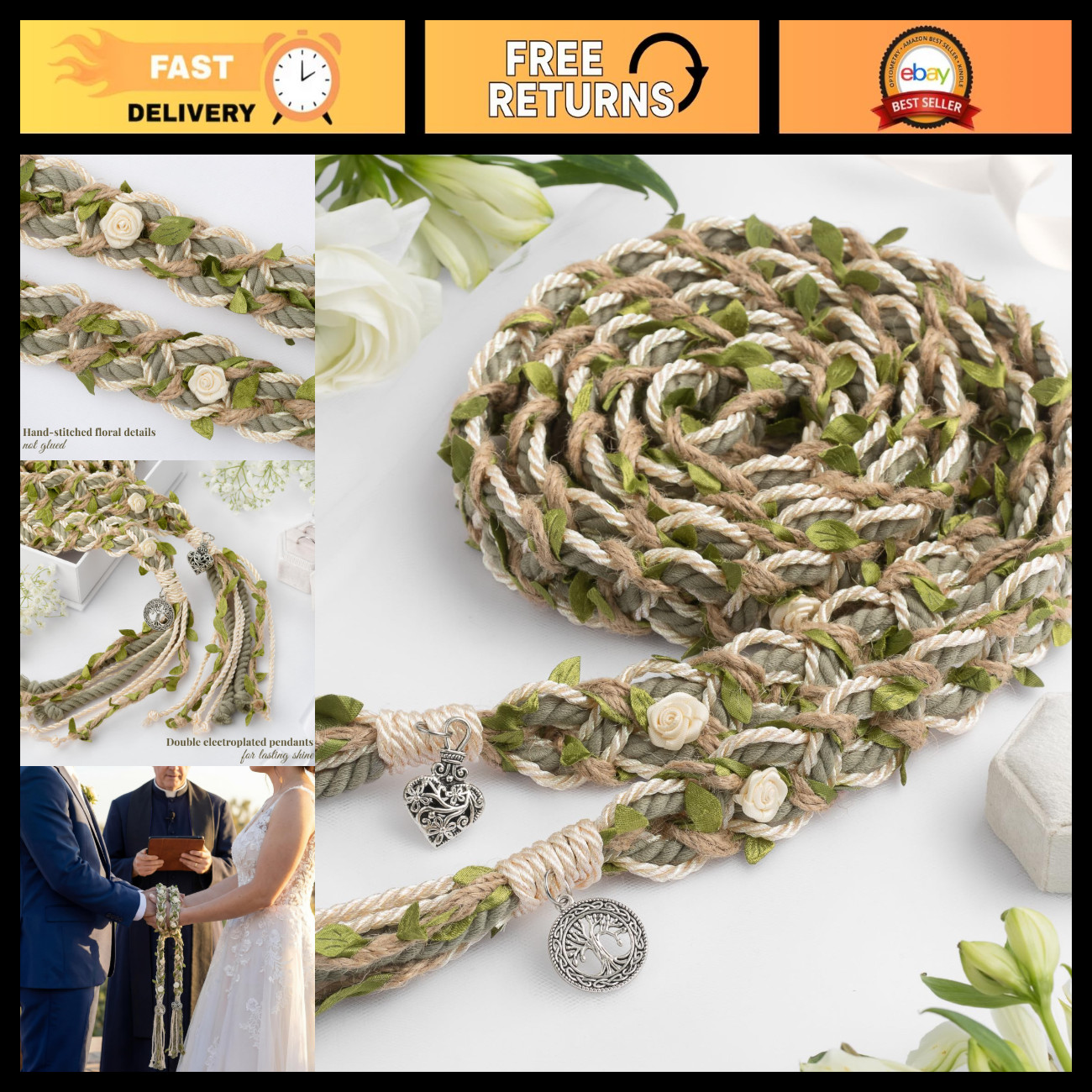 Celtic Wedding Handfasting Cord - Sage Green Braided Ceremony Rope & Pendants