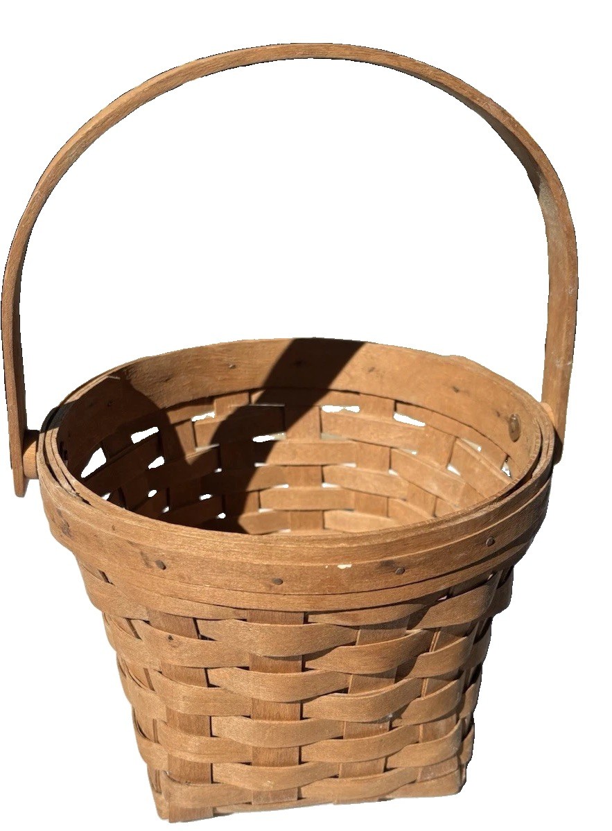 Vintage 1988 Longaberger Woven Wood Basket Swing Handle Rustic Decor With Flaws