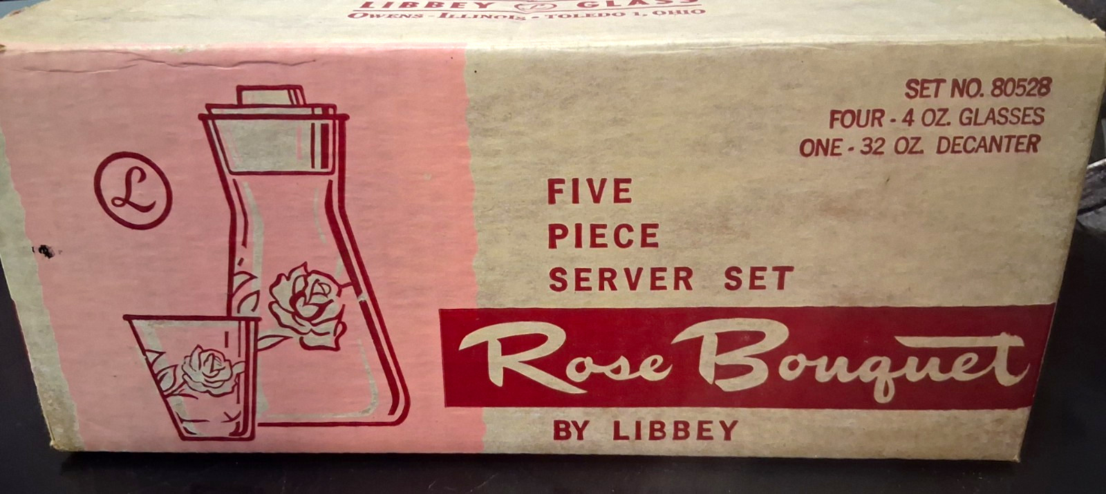 VTG Mid Century Libbey Rose Bouquet 5 Pieces Juice Server Set 80528 In Box