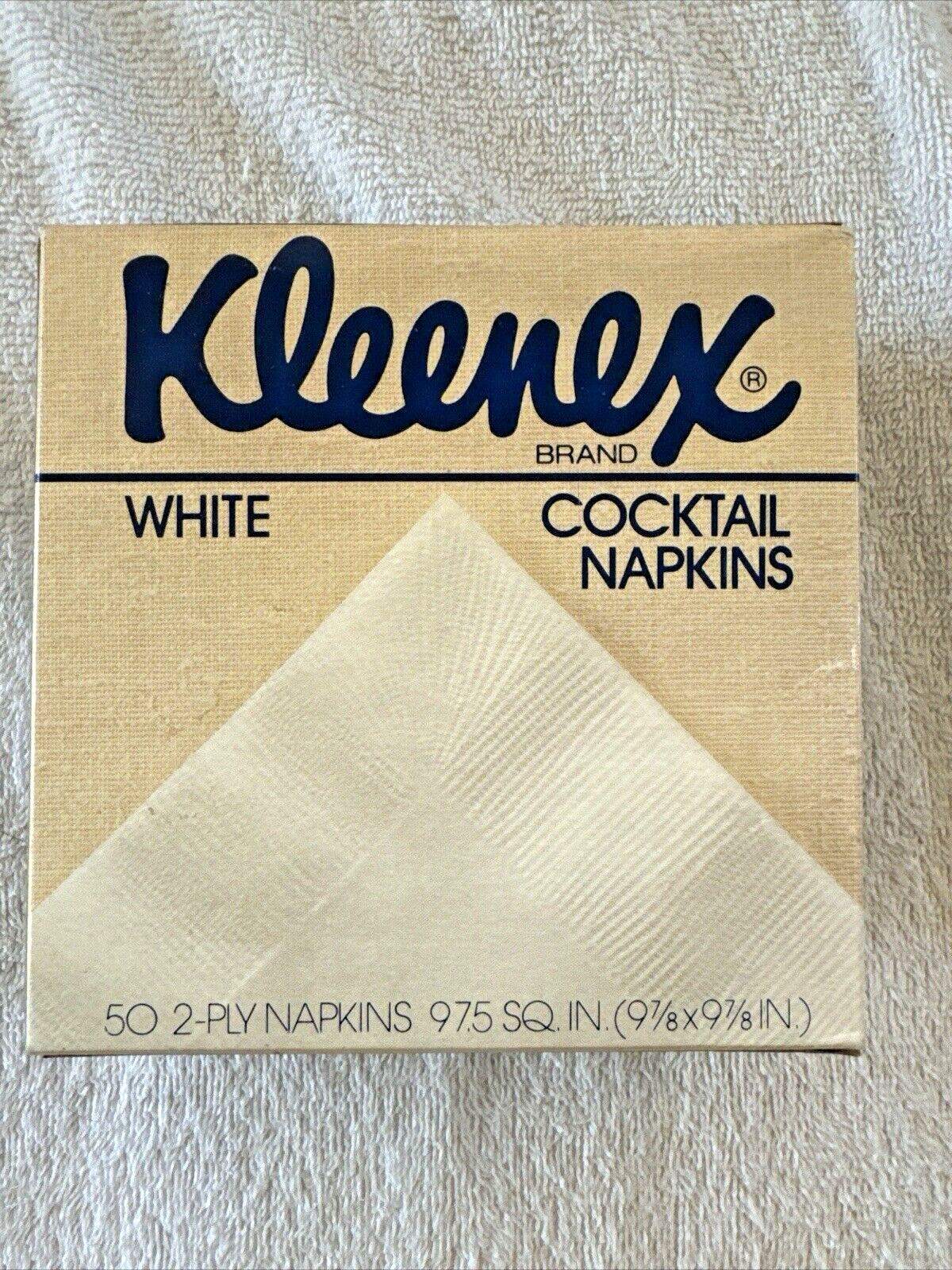 Vintage 1980s KLEENEX White Cocktail Napkins  Blue BOX 50 2-PLY 9 7/8 “ x 9 7/8”