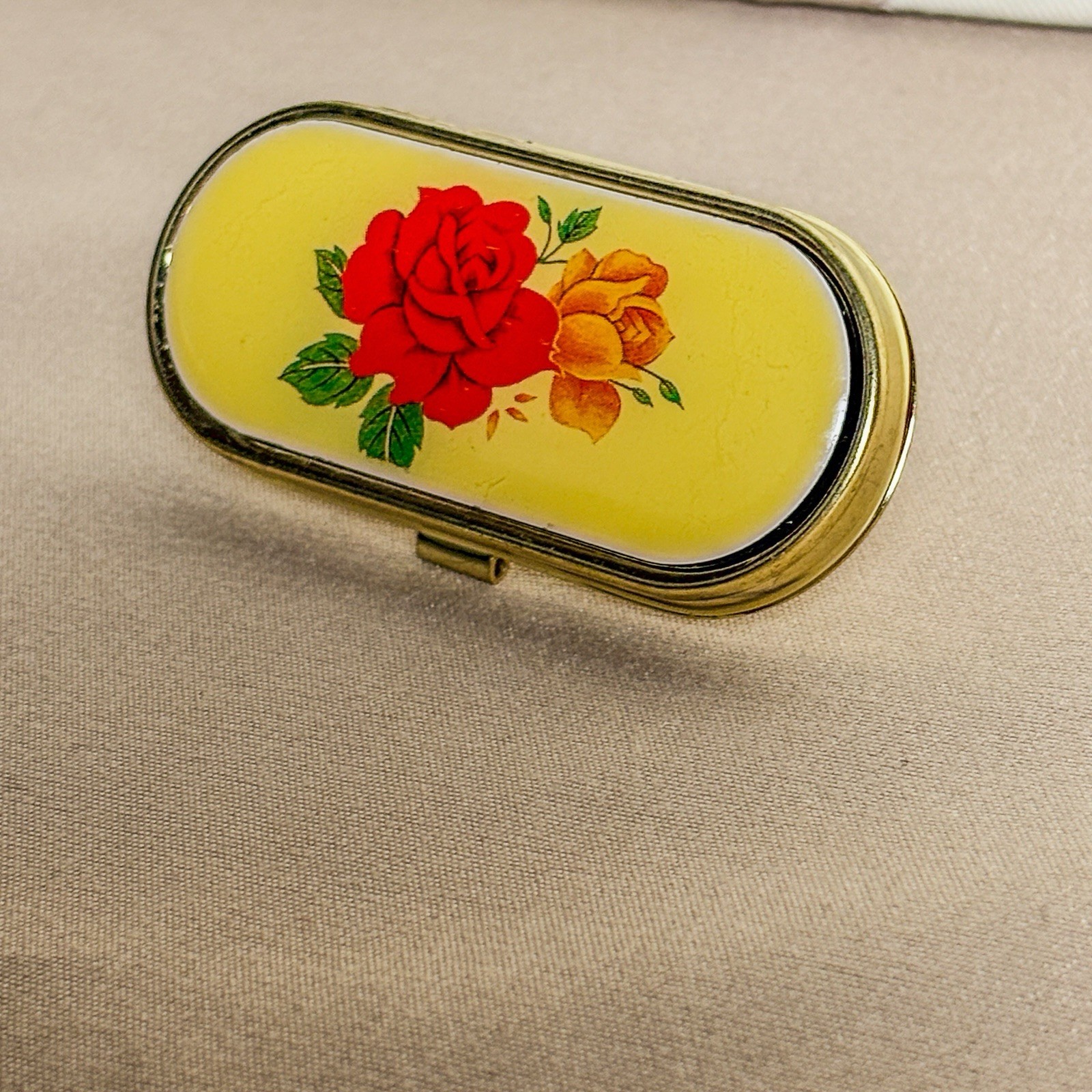 Vintage 1960s Red Orange Rose Floral Enamel Gold Tone Lipstick Holder Vanity C72