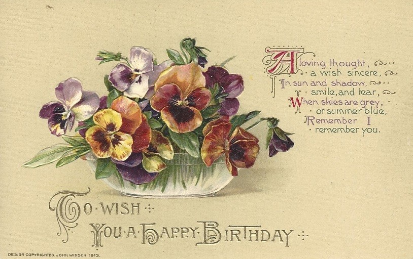 Winsch Birthday Greeting Postcard w/ Embossed Pansies Vivid Colors