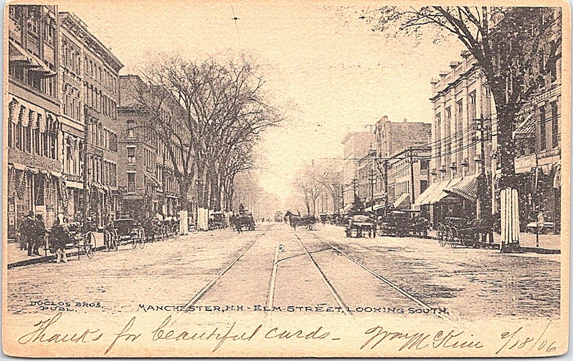 Lithograph Manchester NH Busy Street Scene Business District 1906