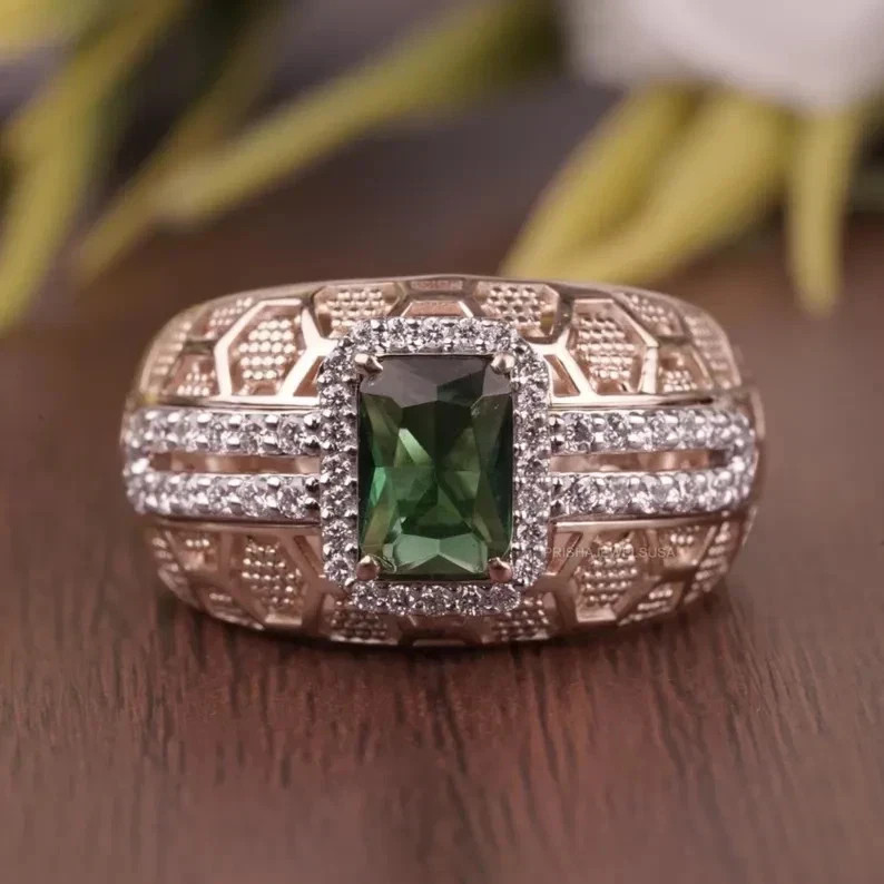 Unique Statement Ring Emerald with Diamond Accents in 18K Rose Gold Over For Men