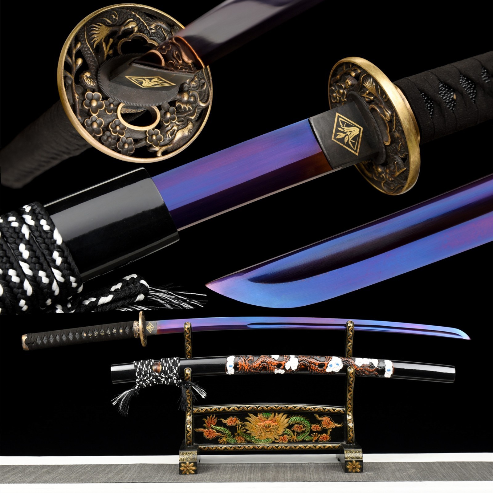 Japanese Katana Sword Hand Forged 9260 Spring Steel Full Tang Cloud Dragon