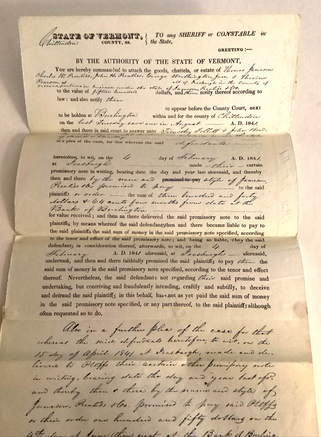1841 Handwritten Court Doc Signed Sheriff Emerson Jameson Bradley Chittenden VT