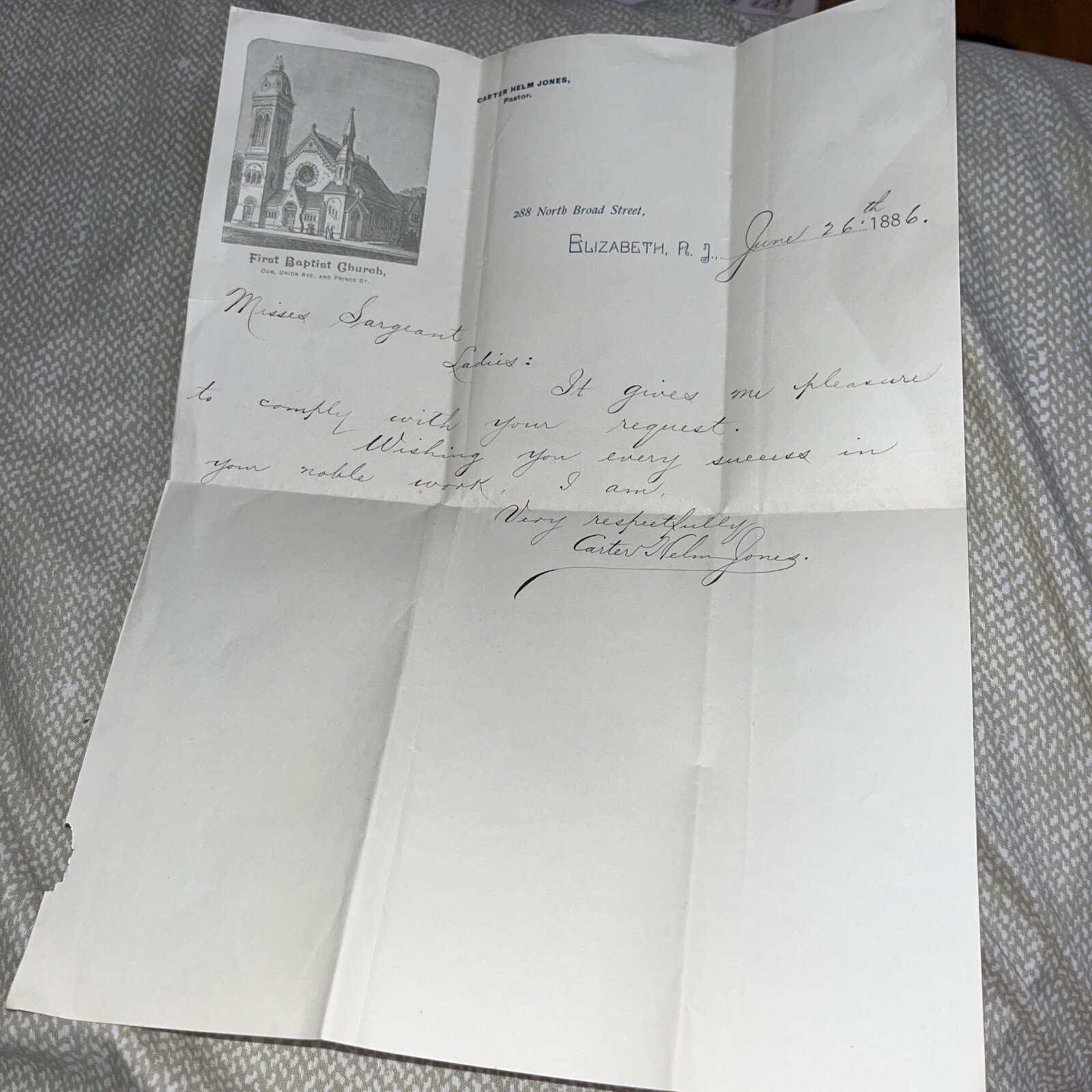 1886 Letter from Son Of Baptist Chaplain to General Stonewall Jackson’s Army