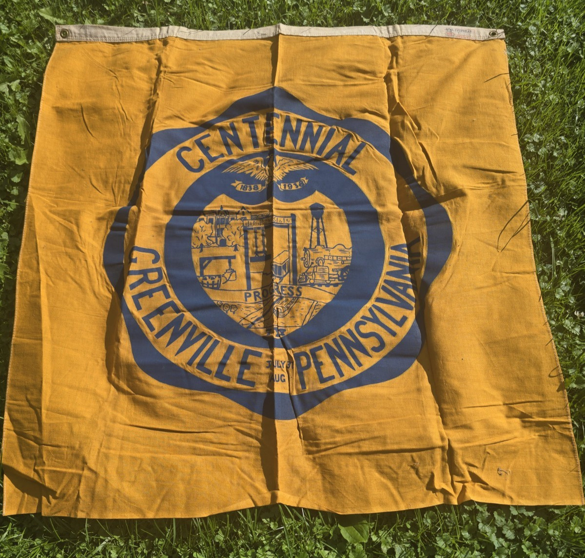 Rare 1938 Greenville Pennsylvania Centennial Banner Flag Dettra 100 yrs 33 x 35