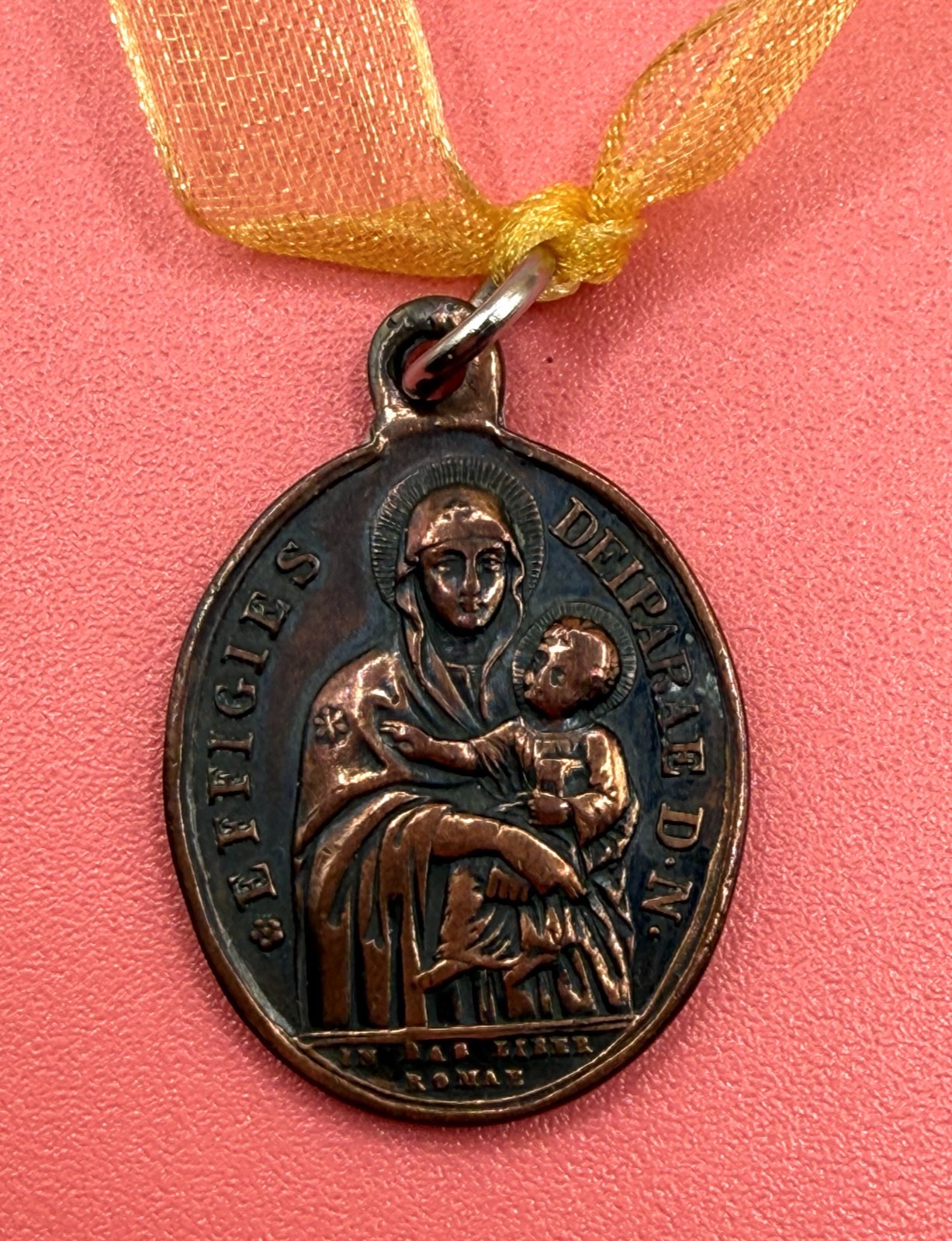 Vintage Old Copper Mother of God Latin Religious Medal Pendant