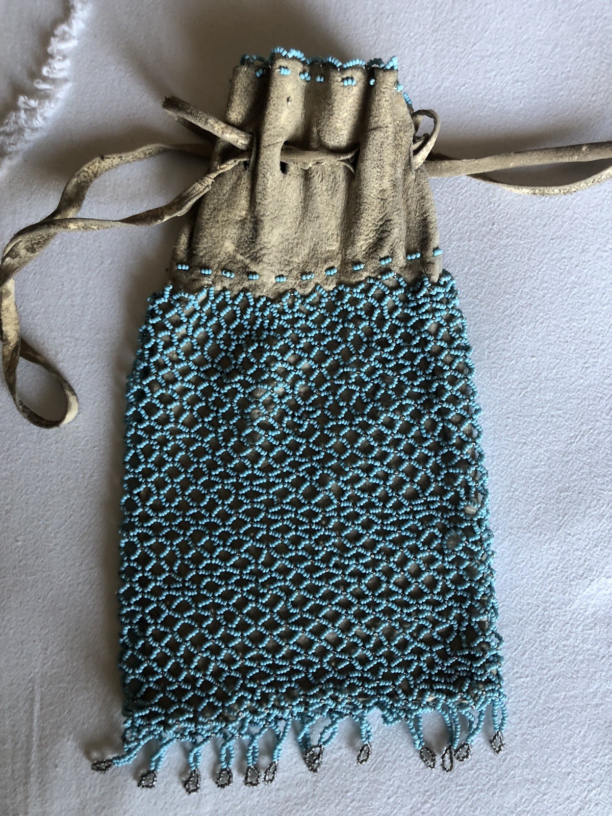 Original Antique Native American Blue Finely Beaded Drawstring Buckskin Pouch
