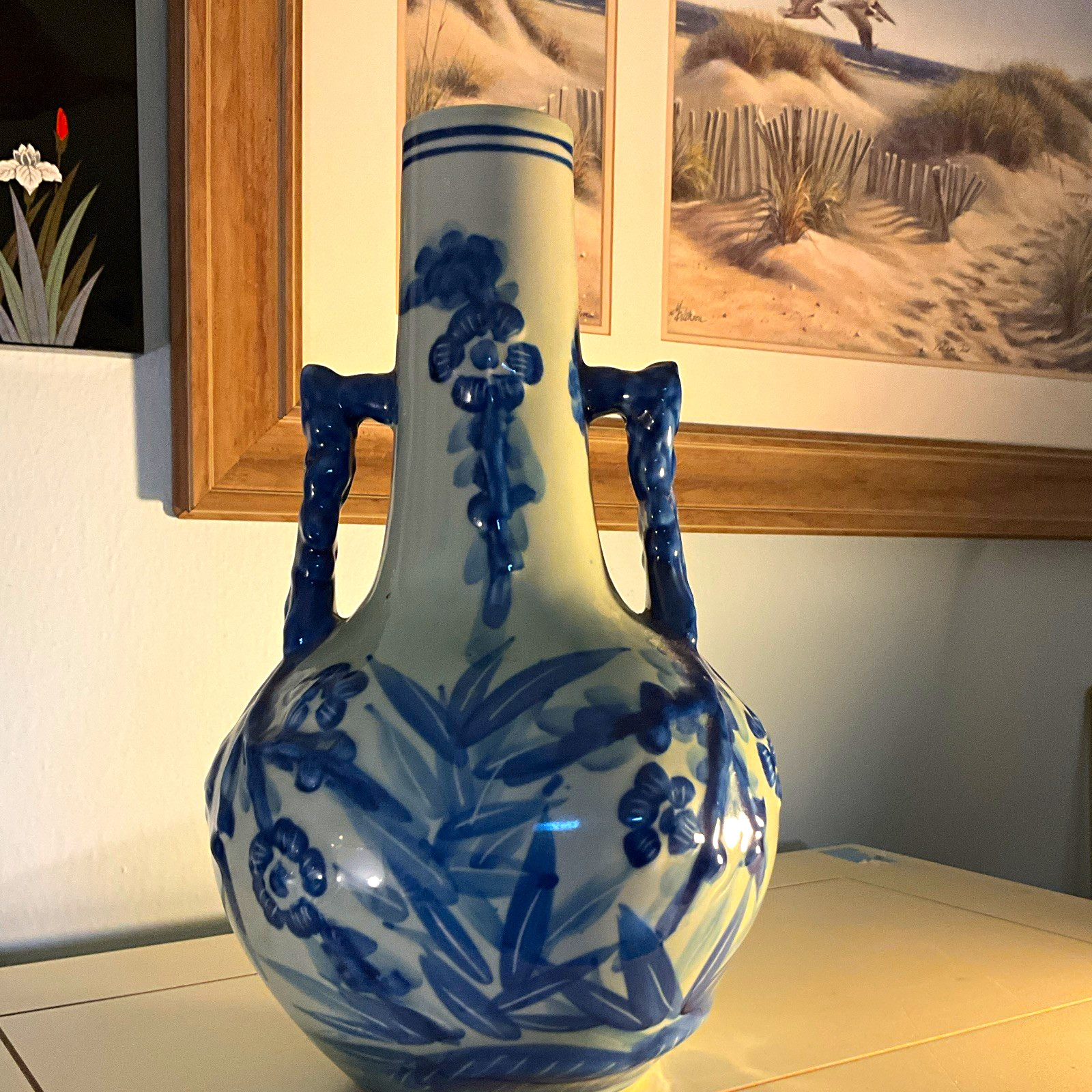 Chinese Cantons Hand Painted Floral Ceramic Bottle Vase w/ Dual Handles Glaze