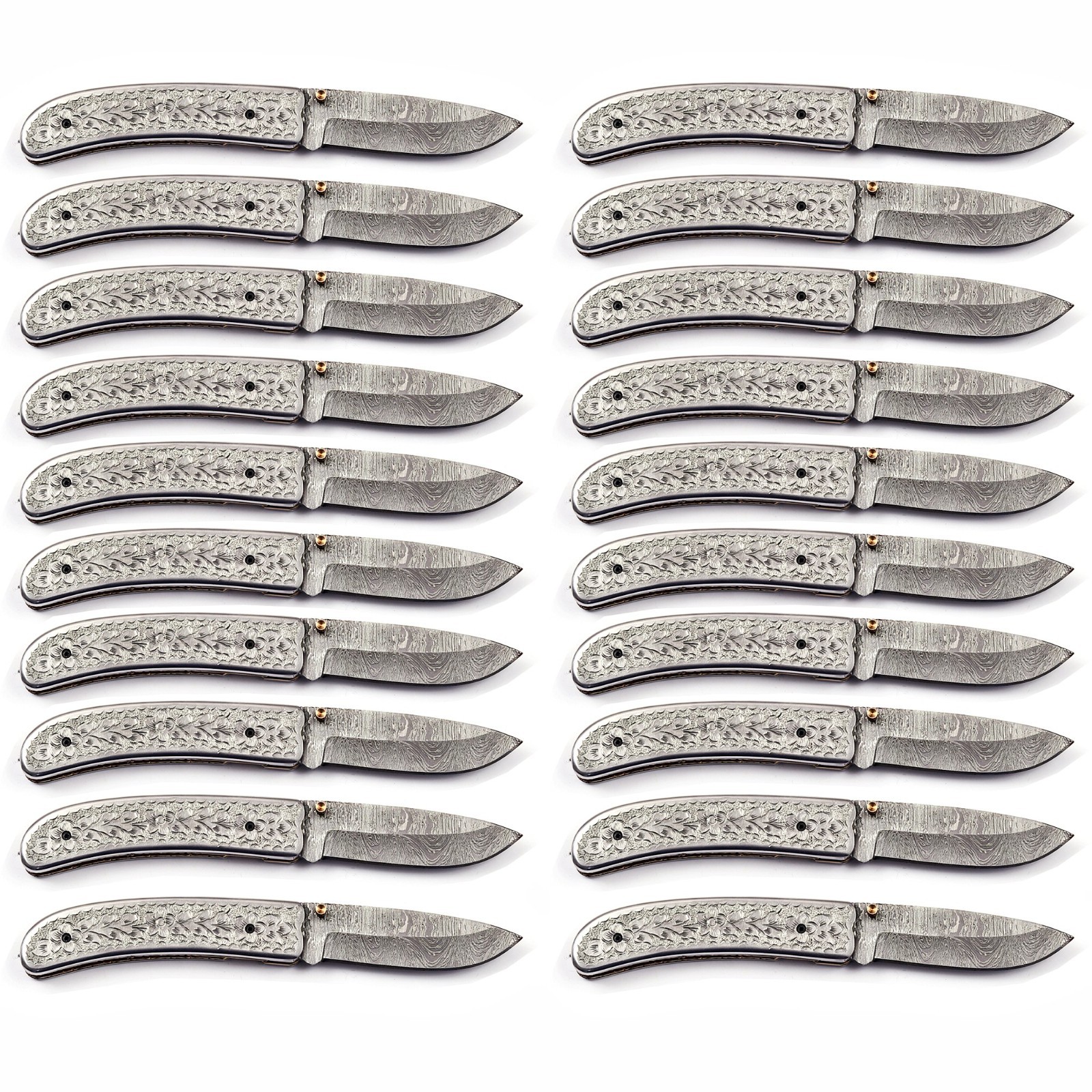 lots of 20 Damascus liner lock pocket knives Hand engraved Damascus steel blade