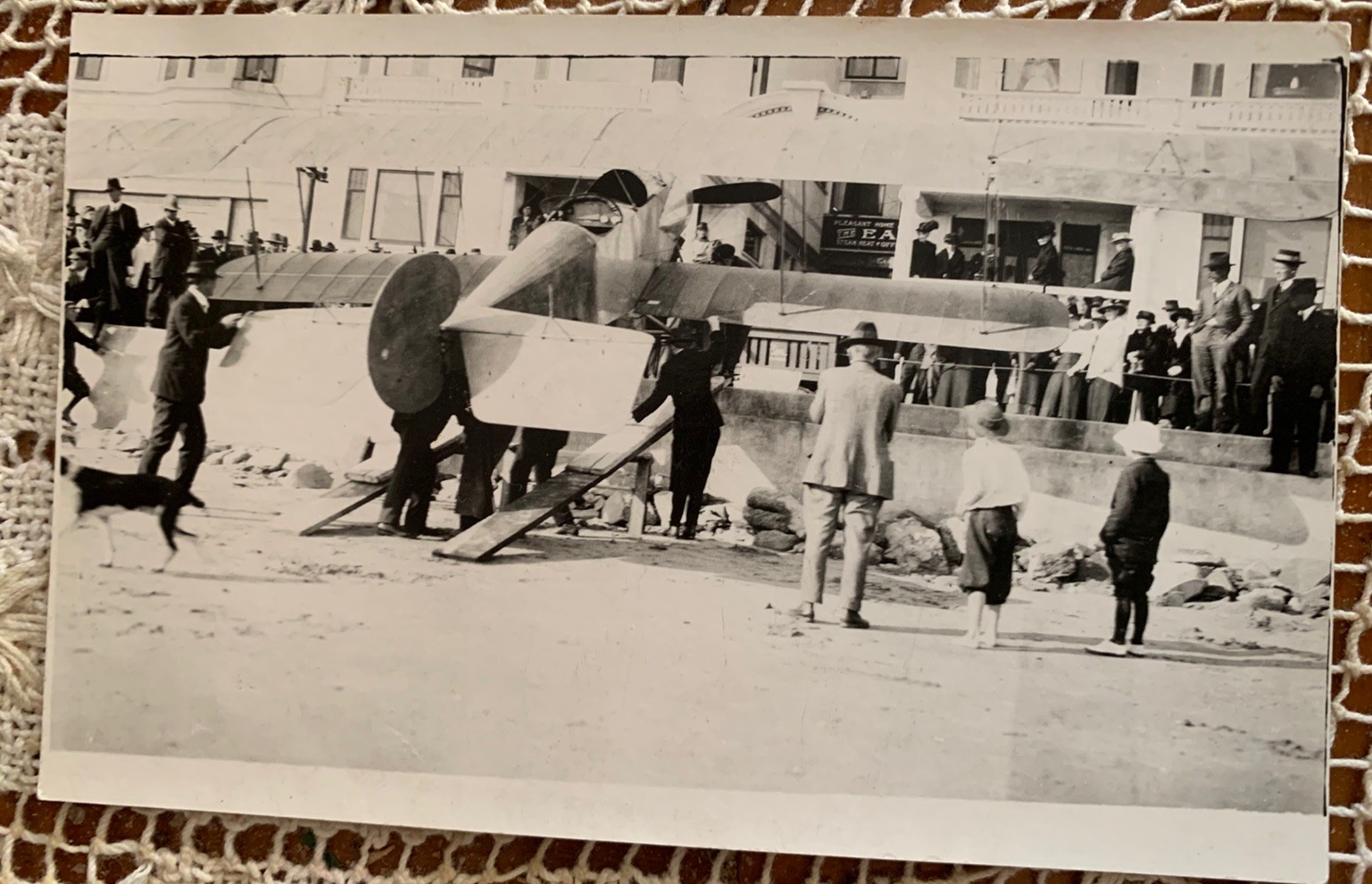 RPPC Photo Postcard Early Biplane on Beach With Crowd