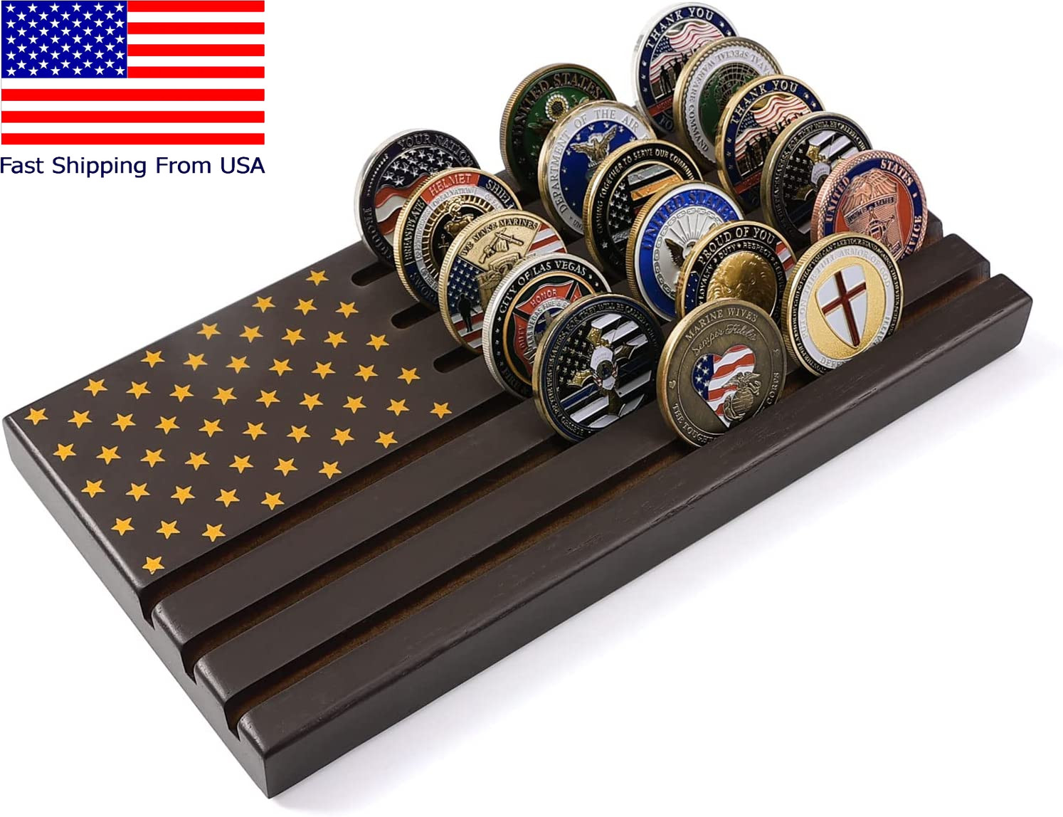 6 Rows Military Challenge Coin Display Rack American Flag Coin Holder Wood 30-36