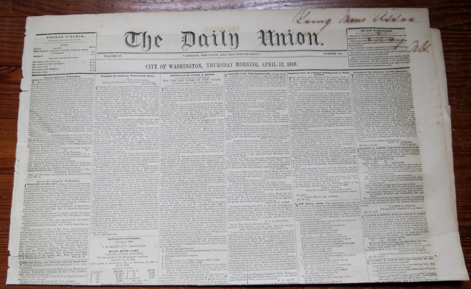THE DAILY UNION NEWSPAPER City Of Washington DC April 1849 GOLD RUSH POLK TAYLOR