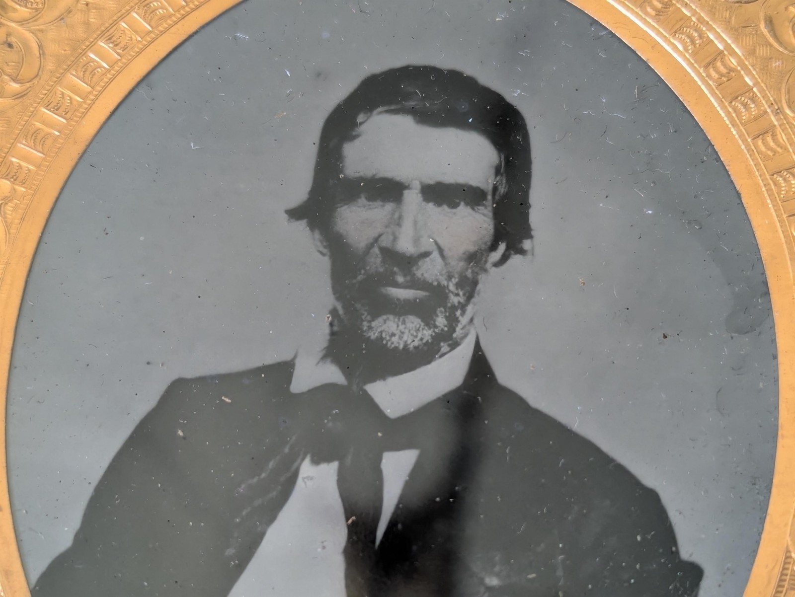 1860s Tinted Tintype Portrait: Adult Male, Wood & Leather Case, Brass Frame 1/6
