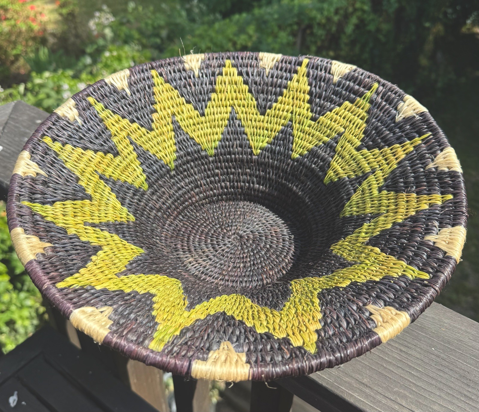 African Handwoven Decorative Straw Basket Approx D 14”