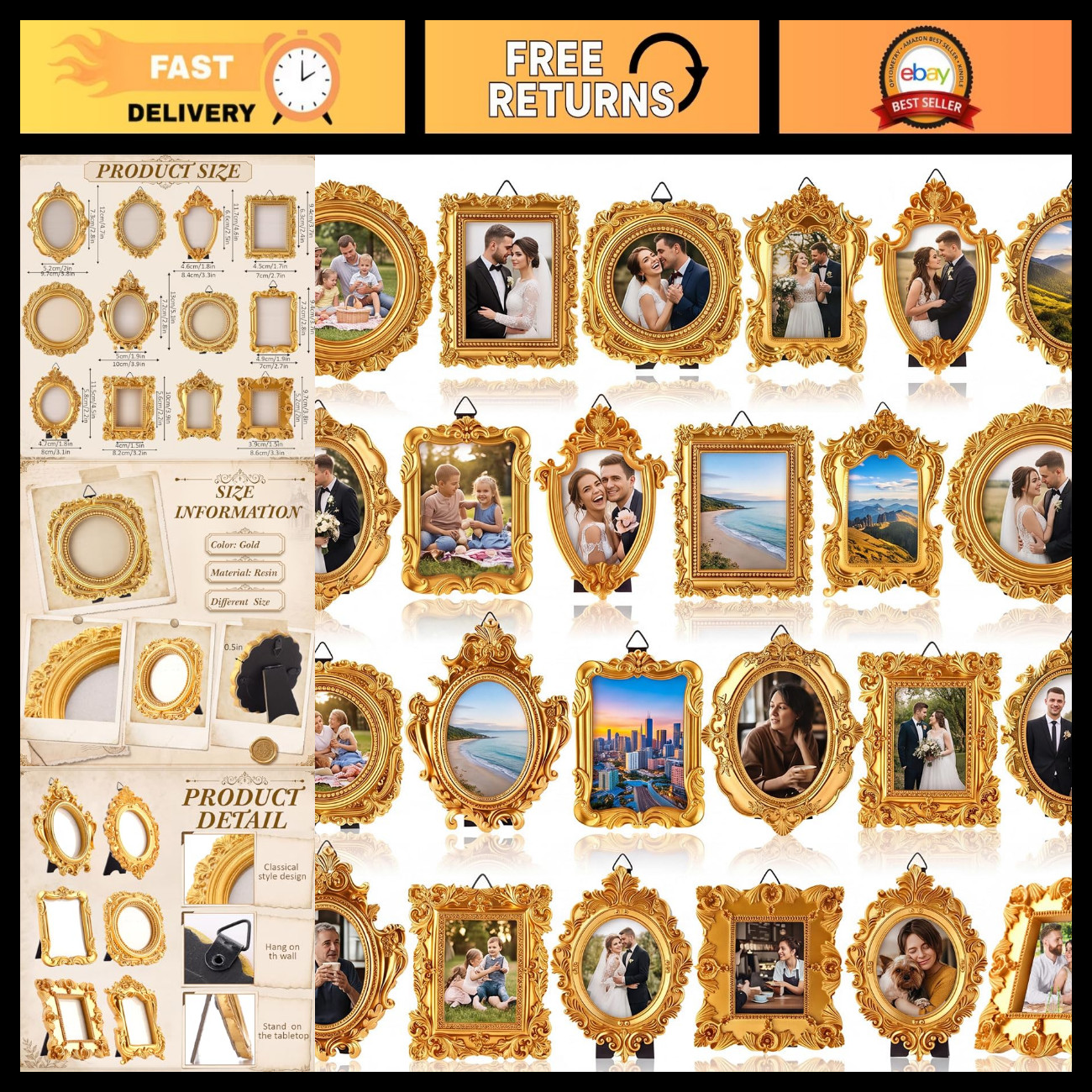24 Pcs Mini Vintage Gold Picture Frames - Small Resin Photo Frame Set, Bulk