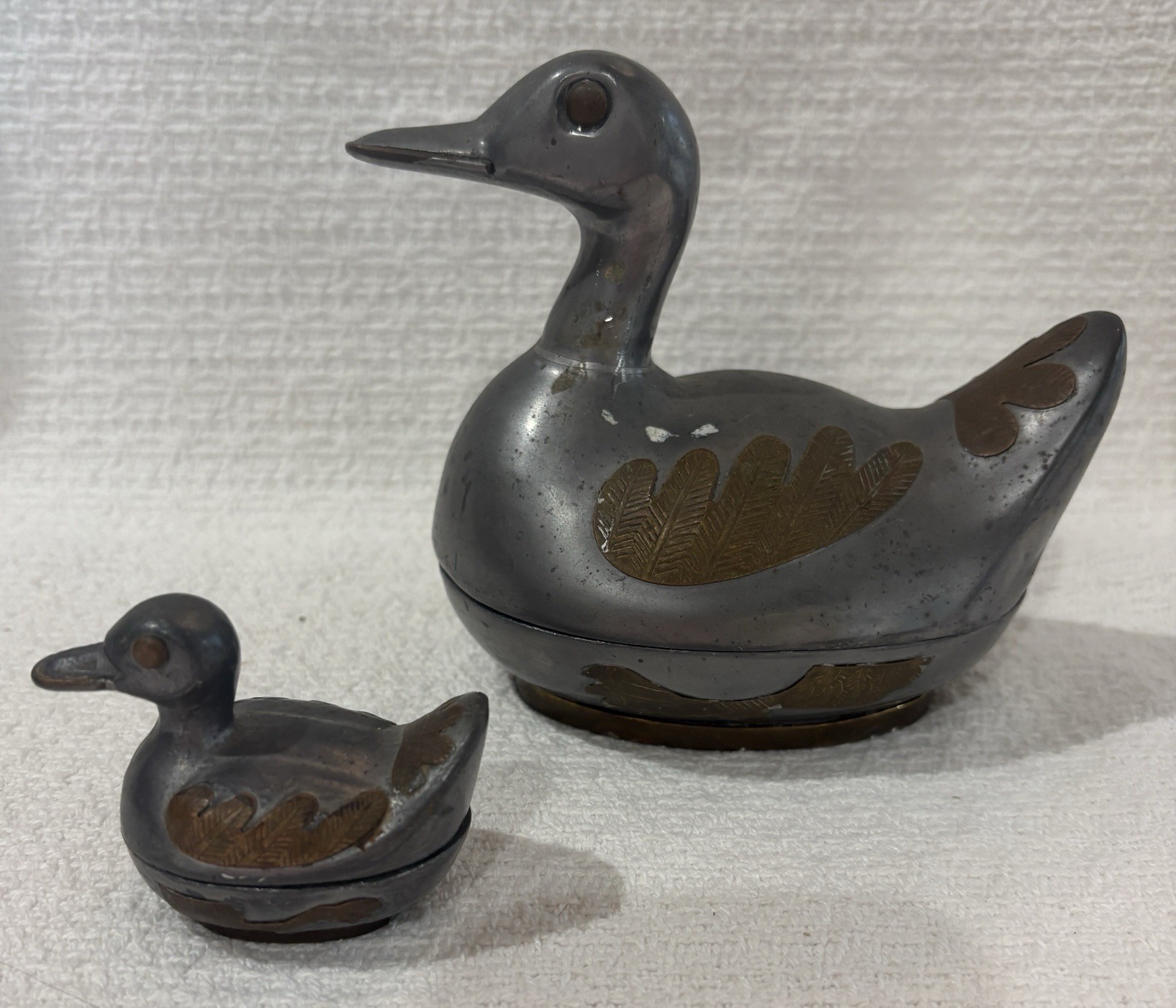 Pair of Vintage Pewter & Brass Duck Lidded Trinket Jewelry Box Made In Hong Kong