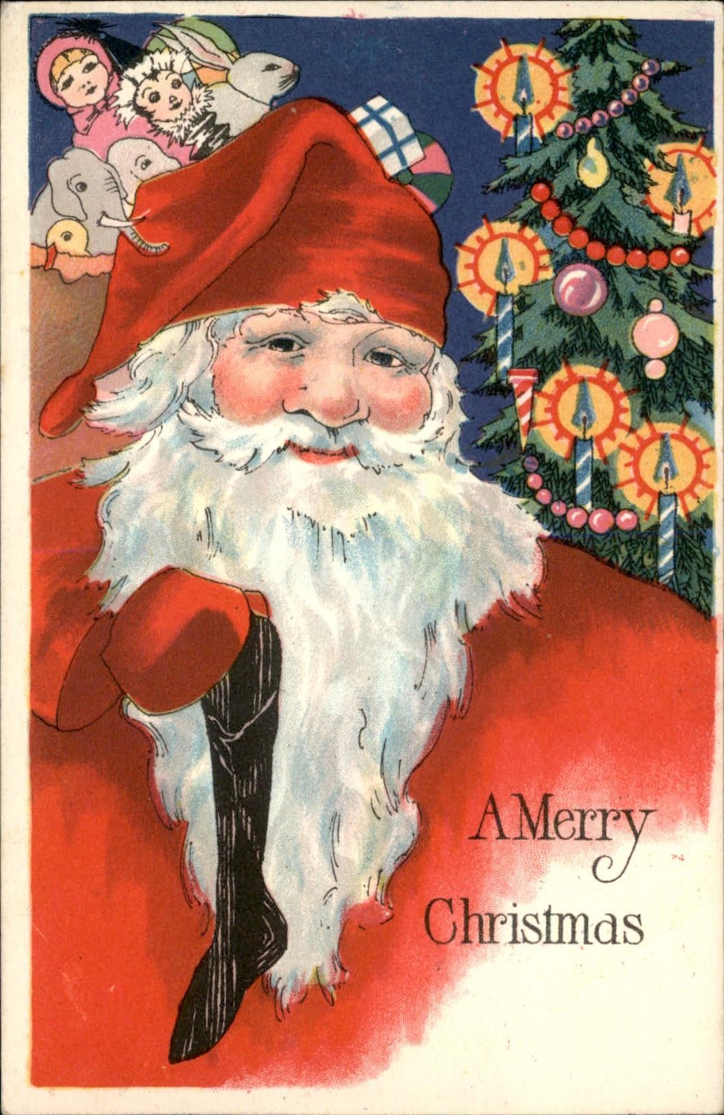 Art Deco Santa Claus and Christmas tree Illustrated c1910s Vintage Postcard bhn