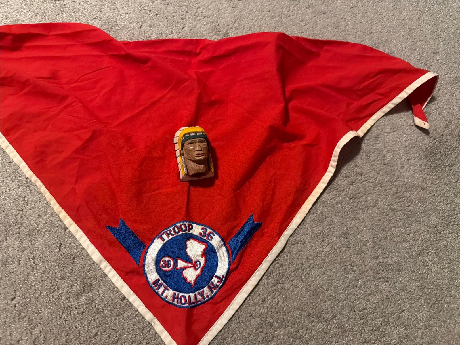 BSA Vintage Boy Scout Hand Carved Indian Chief Neckerchief Slide 1950s W/tie