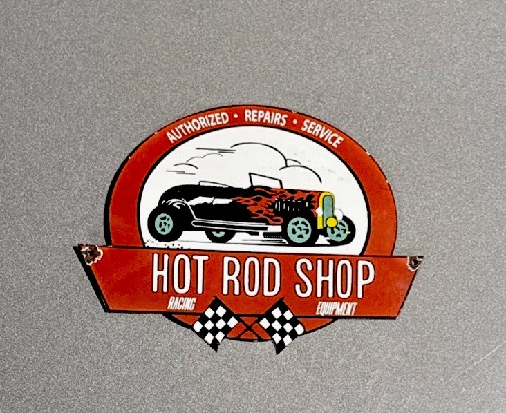 VINTAGE 12” HOT ROD SHOP PORCELAIN SIGN CAR OIL GAS MOTORCYCLE TRUCK