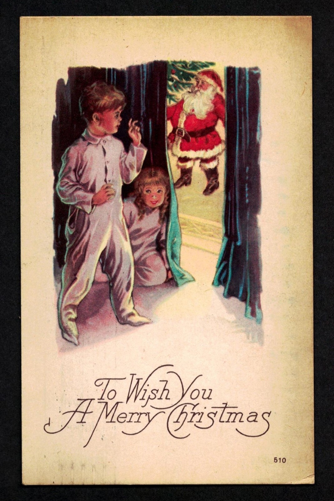 Antique Vintage Christmas Postcard Santa Kids Peek Spy Blue Curtain MAUMEE  #492