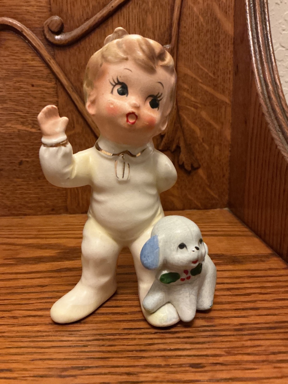 Vtg Josef Originals Ceramic Bare Bottom Boy w/ Blue Pup Wearing Holly Berry Bow