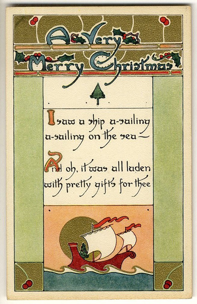 Christmas ARTS & CRAFTS Style Postcard c 1914 International Art Pub SAILBOAT