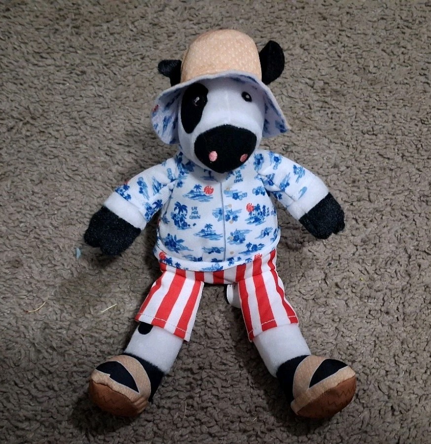 Chick-fil-A Summer 2025 Plush Cow Doll Toy Blue Tropical Island Shirt Cabana
