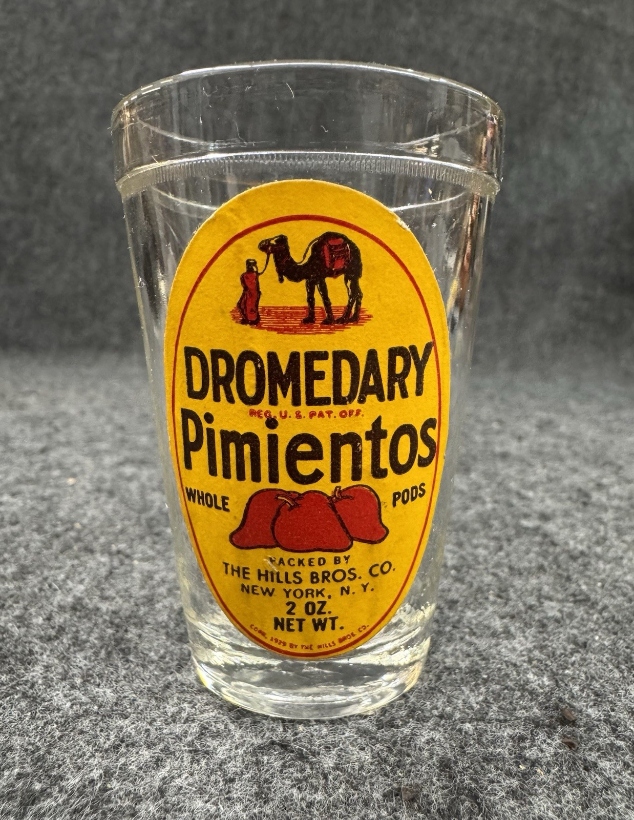RARE Vintage Dromedary Olive Pimientos Glass Jar Hills Bros Original Camel Label