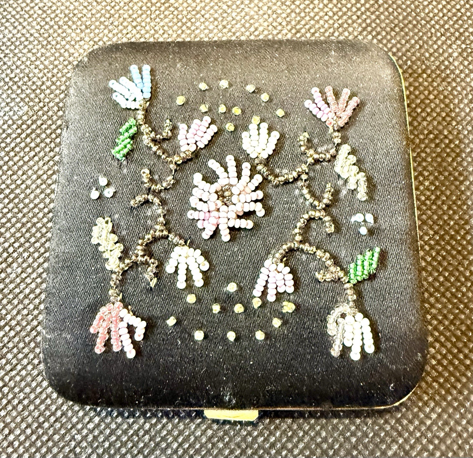 Antique Art Deco French Beaded Floral Powder Compact Mirror Made in France