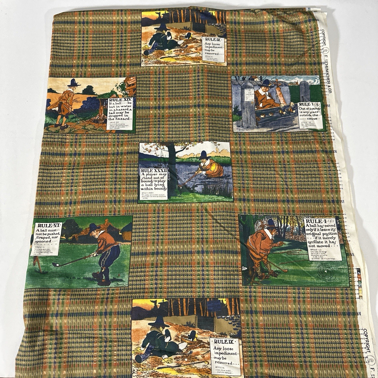 F Schumacher Crombie Vintage Golf Fabric Golfer Rules Plaid Screen Print