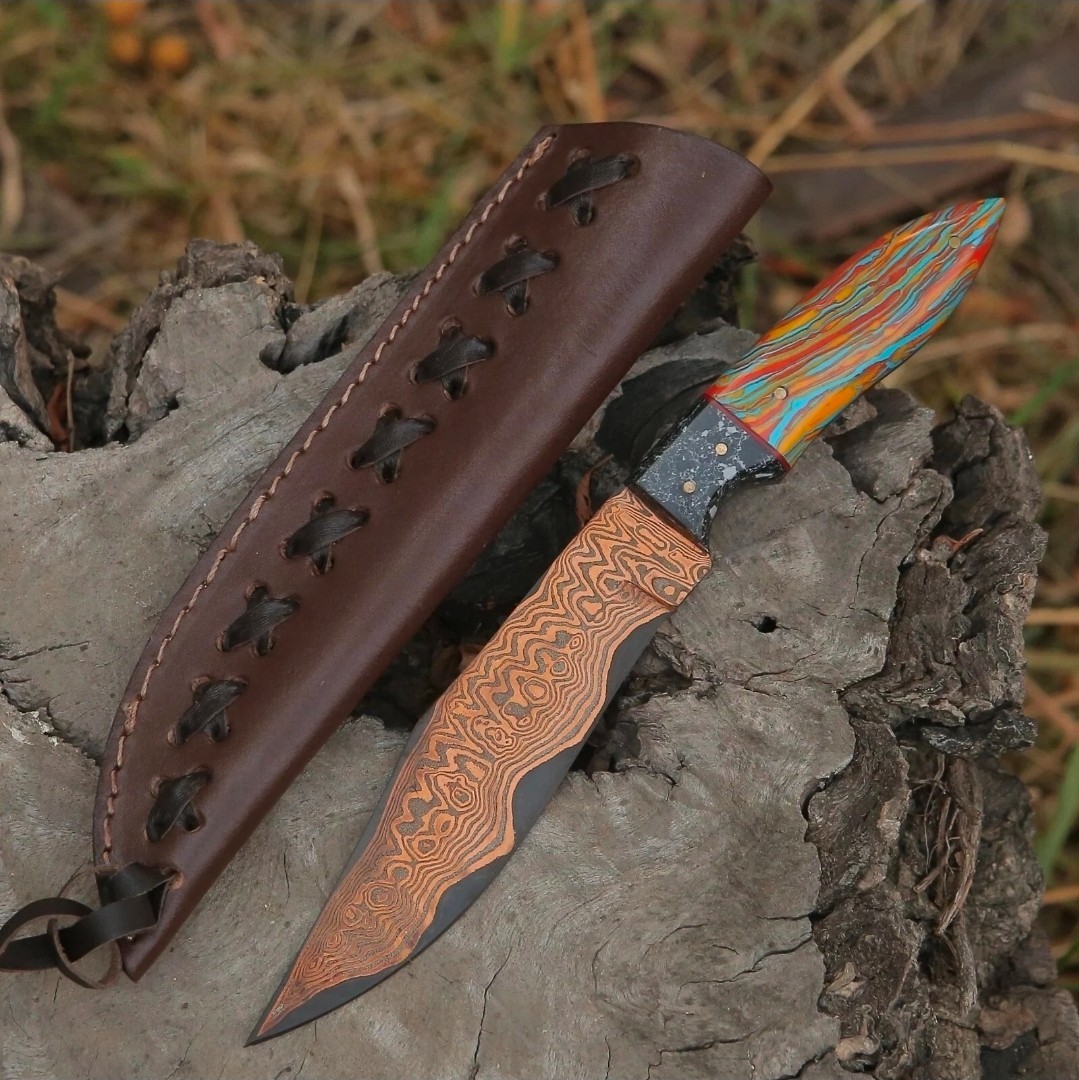 Custom Handmade 12 inch Copper Damascus Bowie Knife Hunting Knife with Sheath.