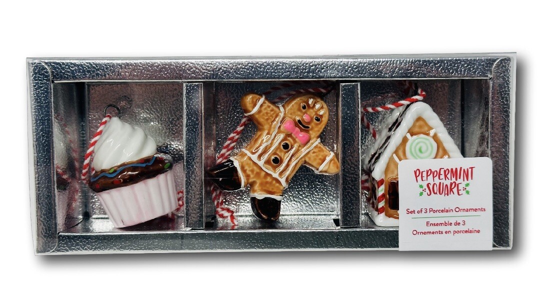 Peppermint Square Set 3 Christmas Ornaments Gingerbread Man, House & Cupcake NEW