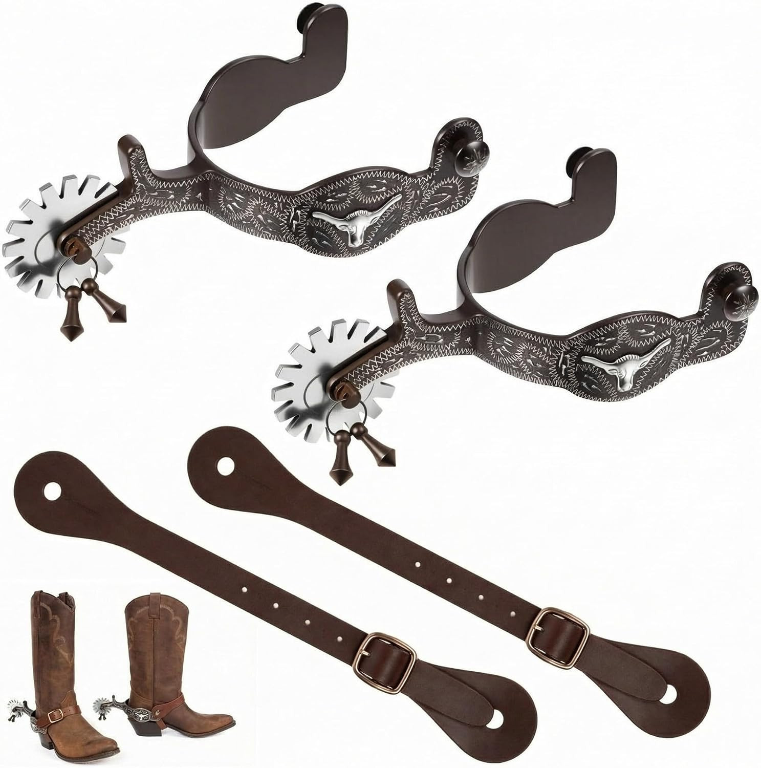 2 Pack Western Cowboy Spurs Paired with 2 Pcs 6 Holes Belt