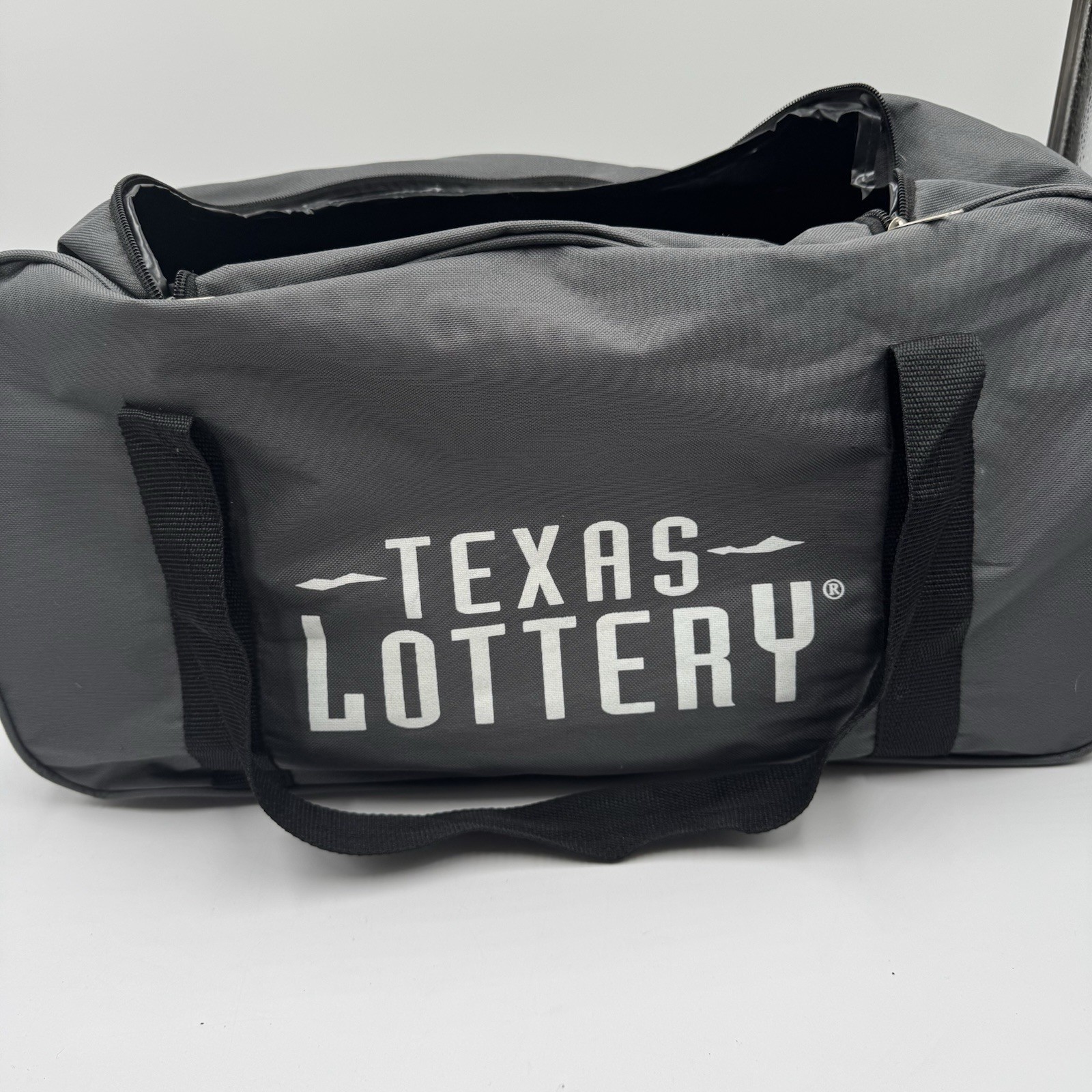Vintage Official Texas Lottery Gray Duffle Multi Pocket Adjustable Strap