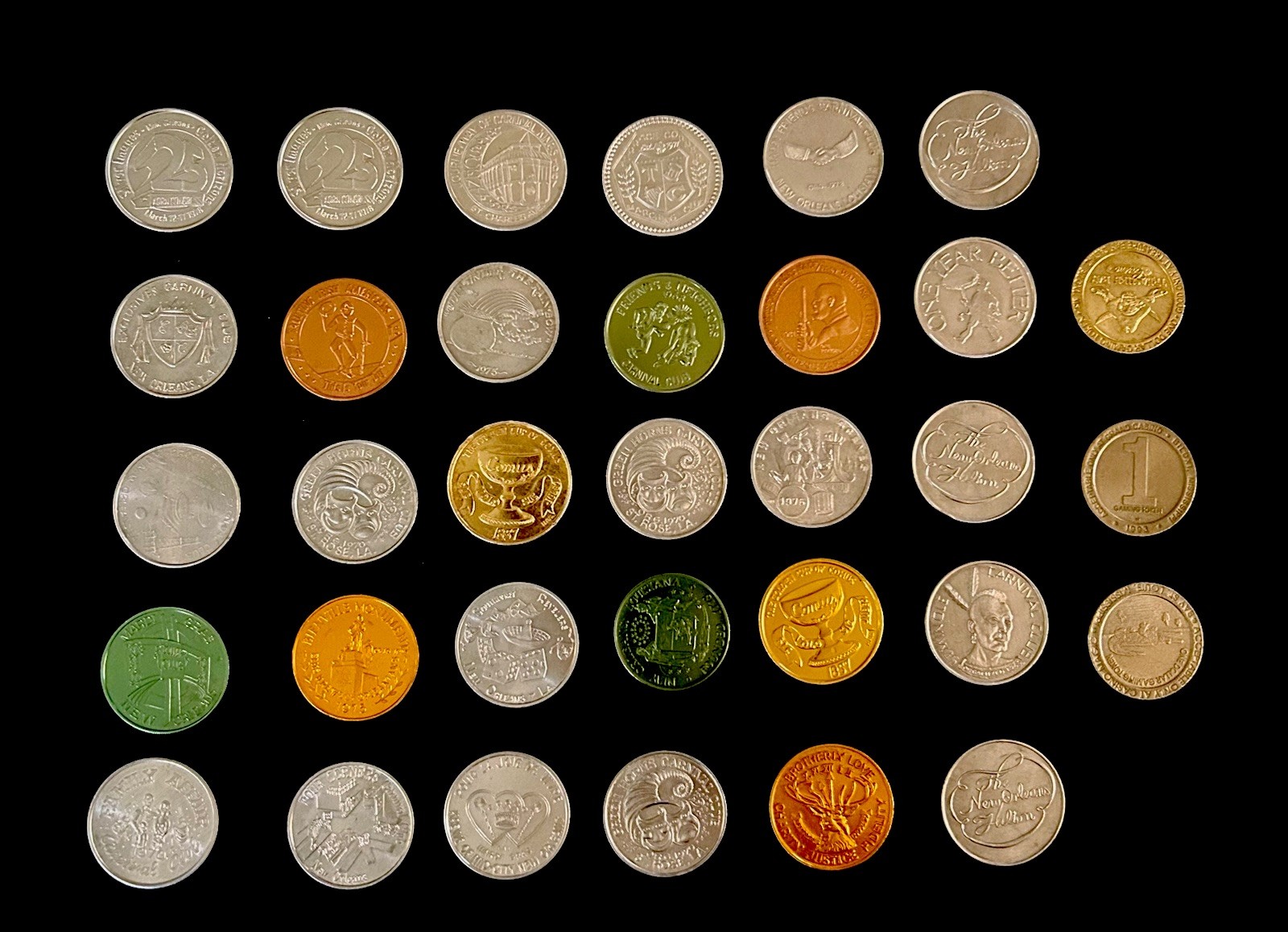 Vintage 1970s Lot of 30 Mardi Gras New Orleans Doubloons & 3 $1 Casino tokens