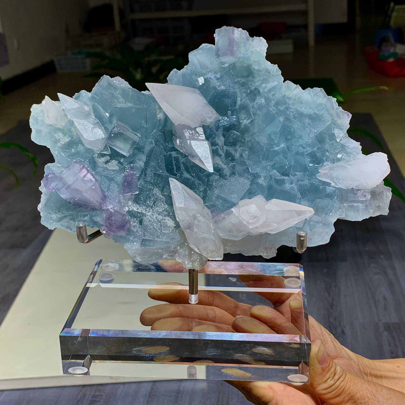 4.25LB Natural Blue Fluorite+ Calcite Quartz Crystal symbiotic Mineral Specimen