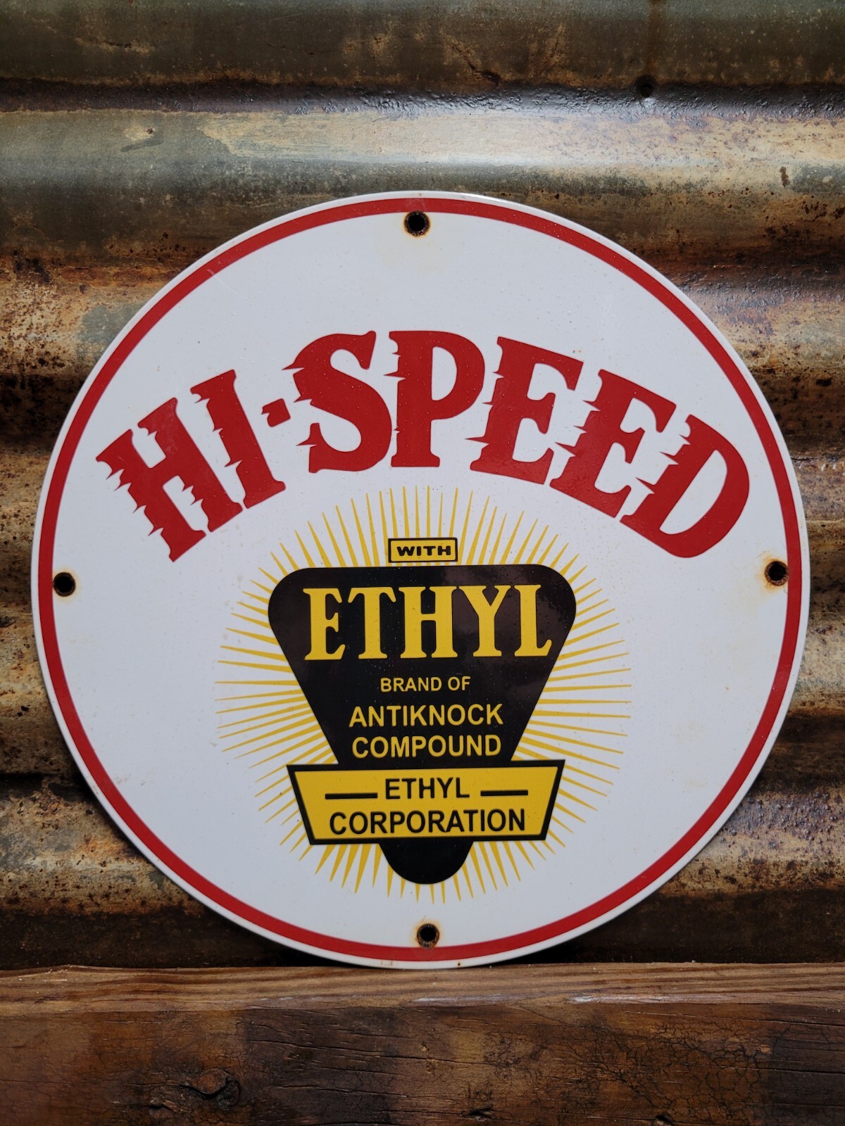 VINTAGE HI-SPEED ETHYL PORCELAIN SIGN GAS PUMP PLATE STATION SERVICE GASOLINE 12