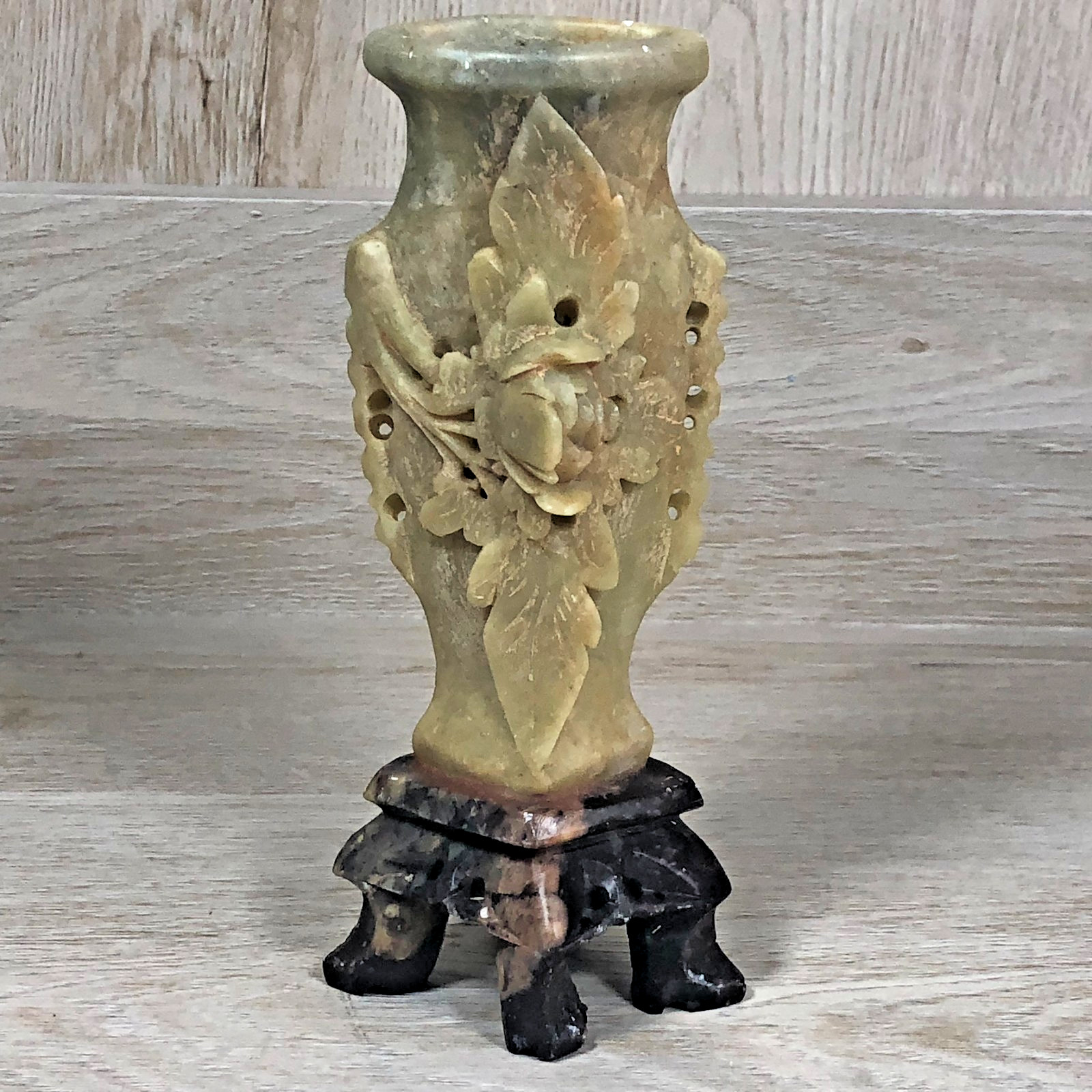 VTG Hand-Carved Soapstone Vase Floral Relief Sculpture Mid-Century Decor