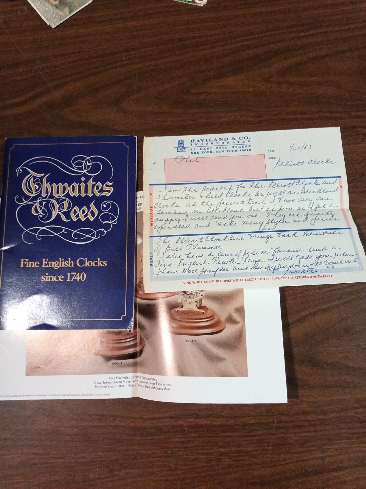 THWAITES & REED CLOCK BOOKLET + 1983 HAVILAND DEALER LETTER F.W. ELLIOTT RARE