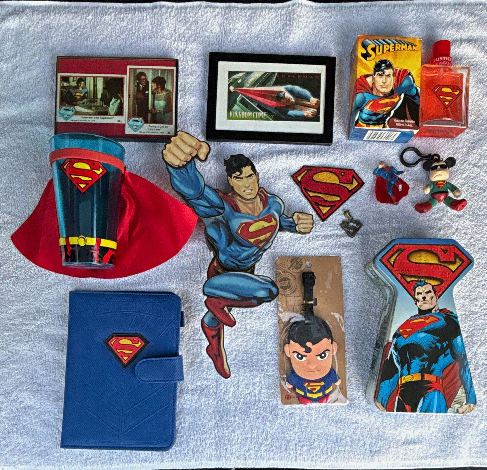 Superman Collectible Lot EDT Wallet Patches Keychains Luggage Tag Glass figure 